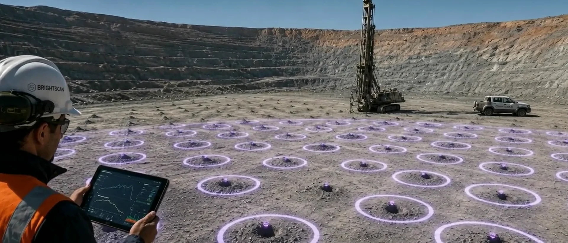 An Enaex field engineer reading the drilled pattern on a tablet while Bright Scan draws an as-built ring around every blasthole on the bench, a drill rig working behind.